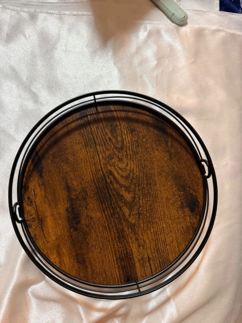 Round Rotating Serving Tray with Metal Rail Wood Look Lazy Susan